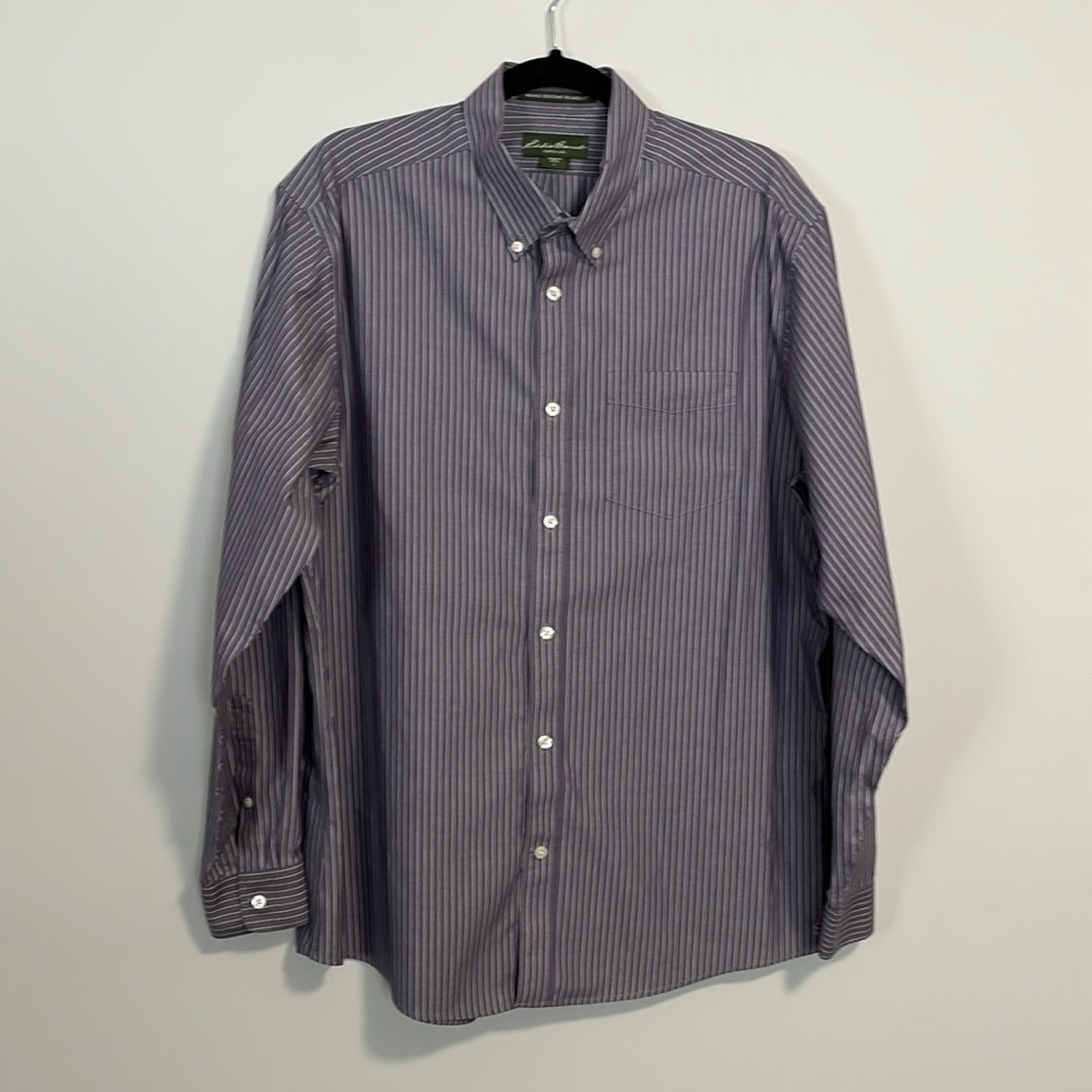 Eddie Bauer Long Sleeve Button Down Stripe Shirt Relaxed Fit Large Purple White